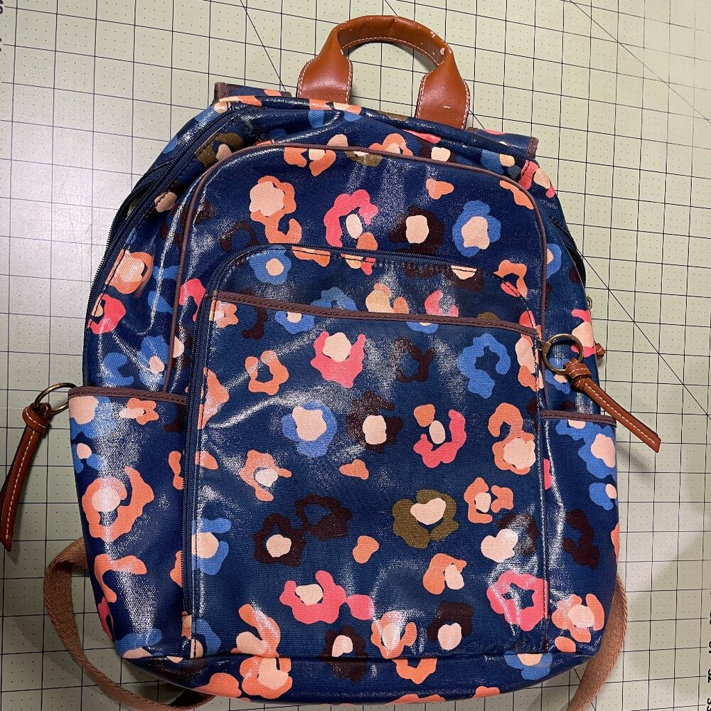 FOSSIL Large Backpack Campus Navy Multicolor Animal Print Coated Canvas